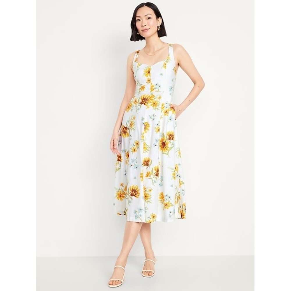 New Old Navy Dress Small Tall Linen Blend Fit & Flare Square Neck Sunflower Midi